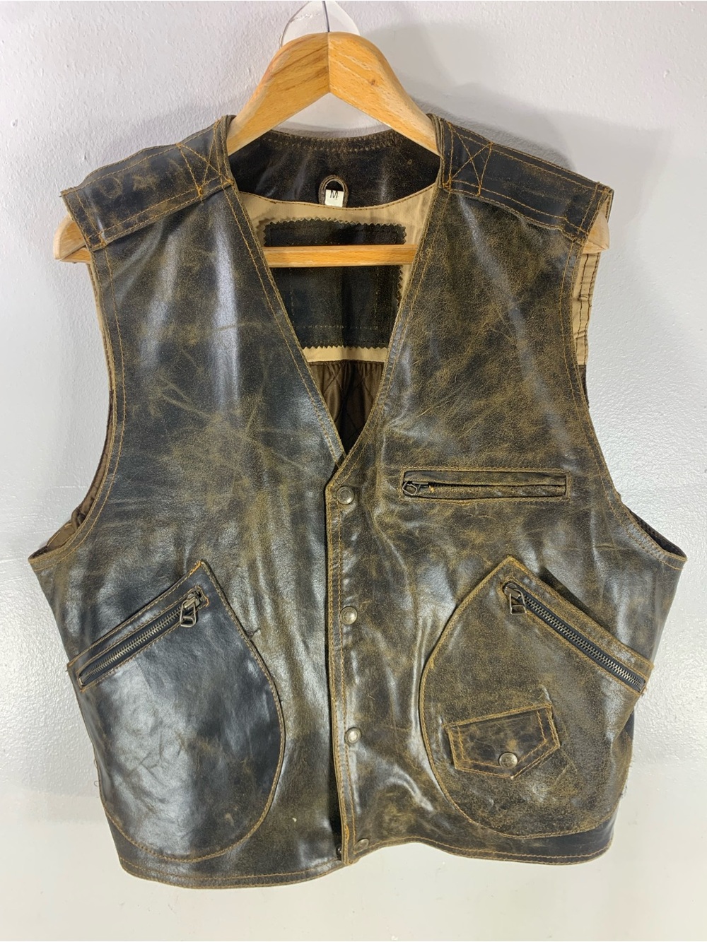 Vintage distressed brown leather motorcycle biker vest genuune leather snap fron